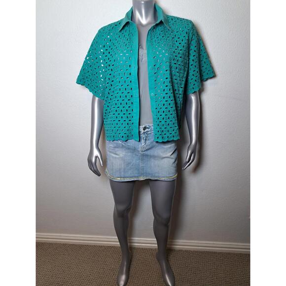 Worthington Collection Abstract Floral Lace Top Aqua Green Blouse - Picture 5 of 6